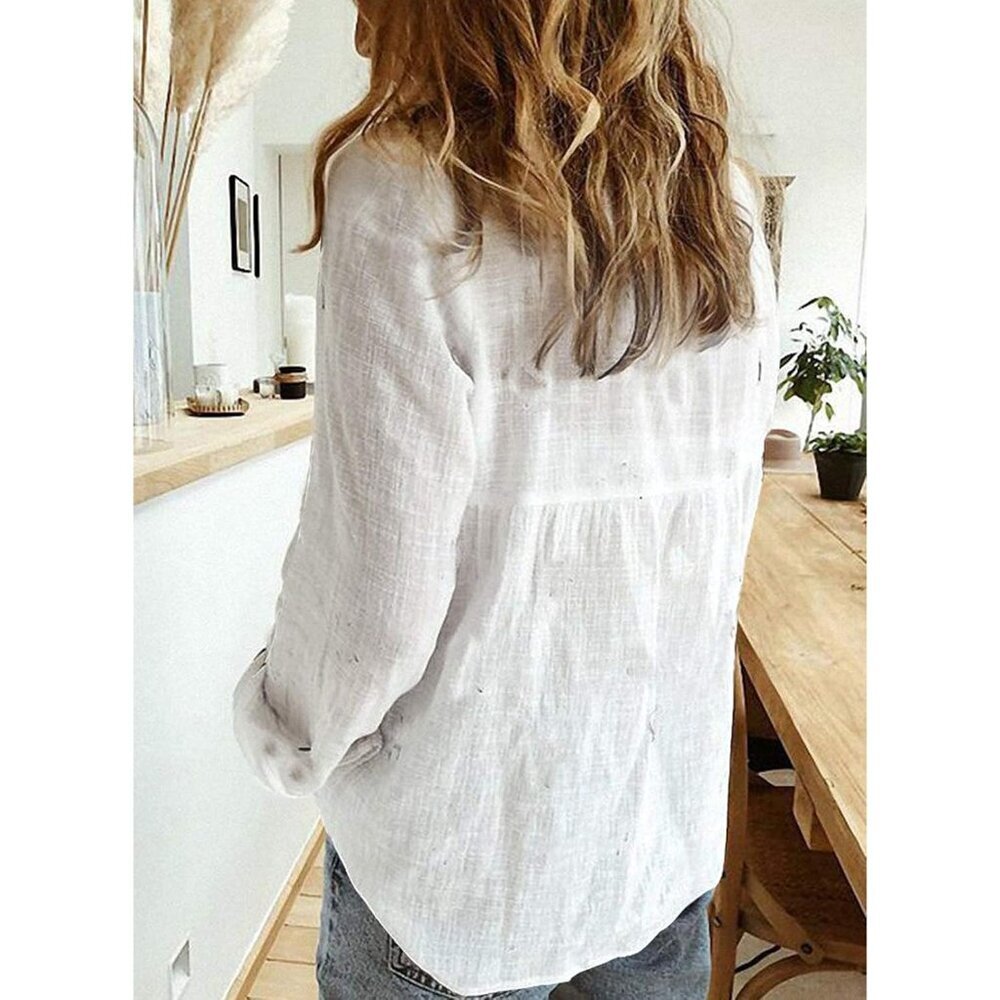 Women's V Neck Blouse Cotton Large Long Sleeve Collared Roll-up Southwest - Picture 3 of 4